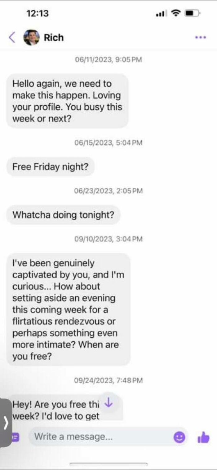 Screenshot of cringy men repeatedly messaging a woman’s inbox, showing pathetic attempts at conversation and flirting.