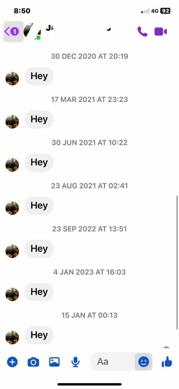 Screenshot of a message inbox showing cringy men repeatedly saying hey in women's inboxes over time.
