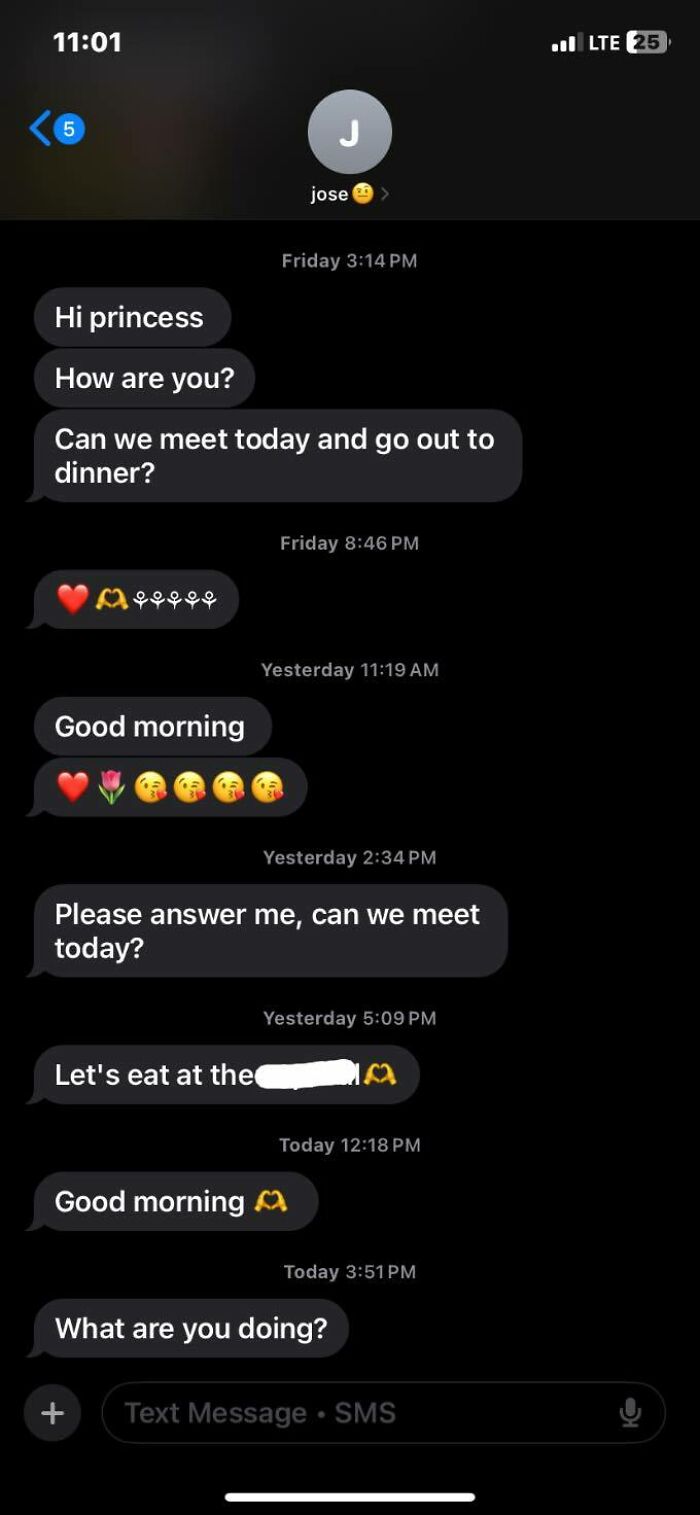 Text message conversation showing cringy men repeatedly messaging and asking to meet, illustrating pathetic attempts in women's inboxes.