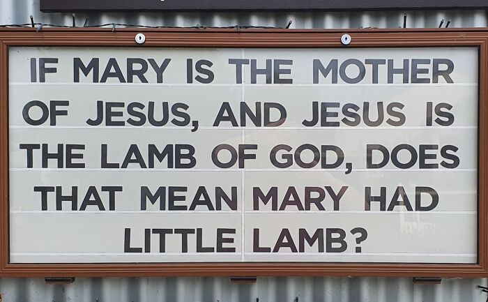 Church sign with a joke about Mary, Jesus, and the Lamb of God displayed in bold black letters on a white background.