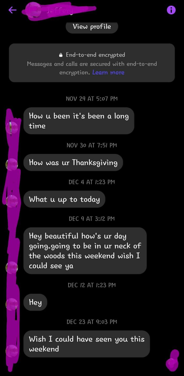 Screenshot of a man sending multiple cringy and pathetic messages to a woman’s inbox over several weeks.