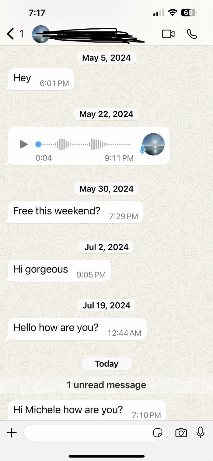 WhatsApp chat screenshots showing cringy men repeatedly messaging women with awkward greetings over months.