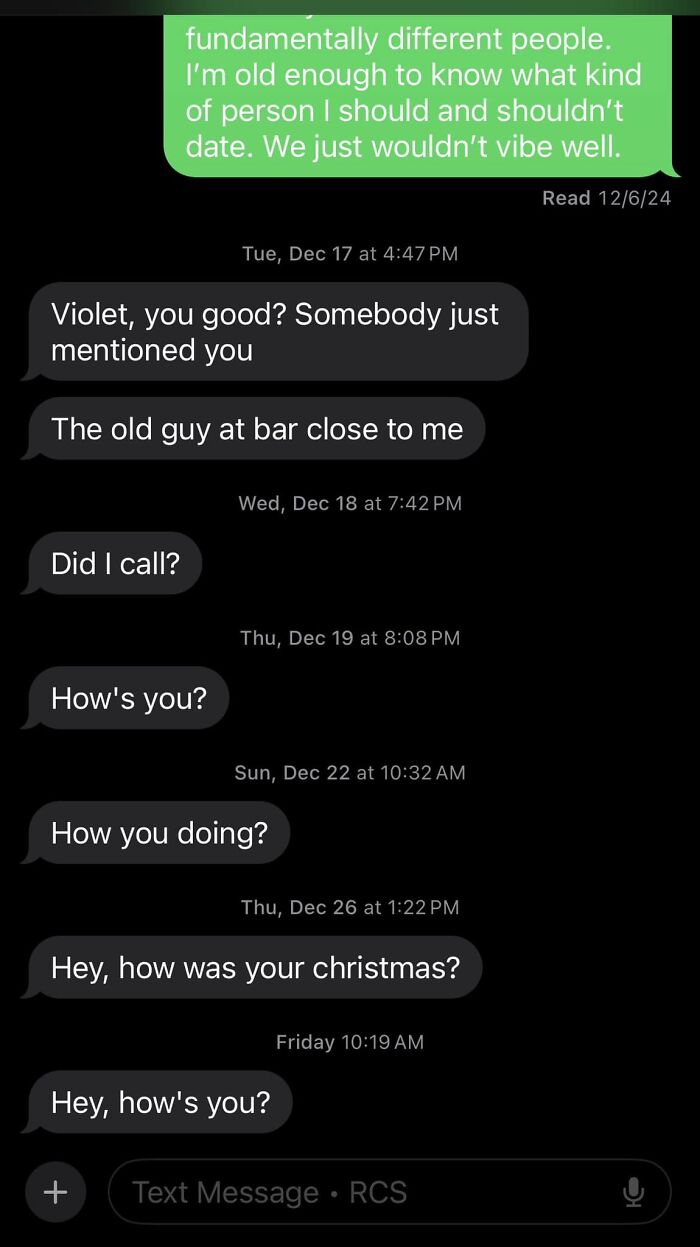 Text message thread showing cringy men repeatedly texting a woman with awkward and pathetic attempts at conversation.