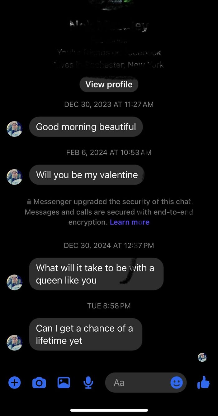 Screenshot of cringy and pathetic men messaging women's inboxes with unwanted romantic texts on a messaging app.