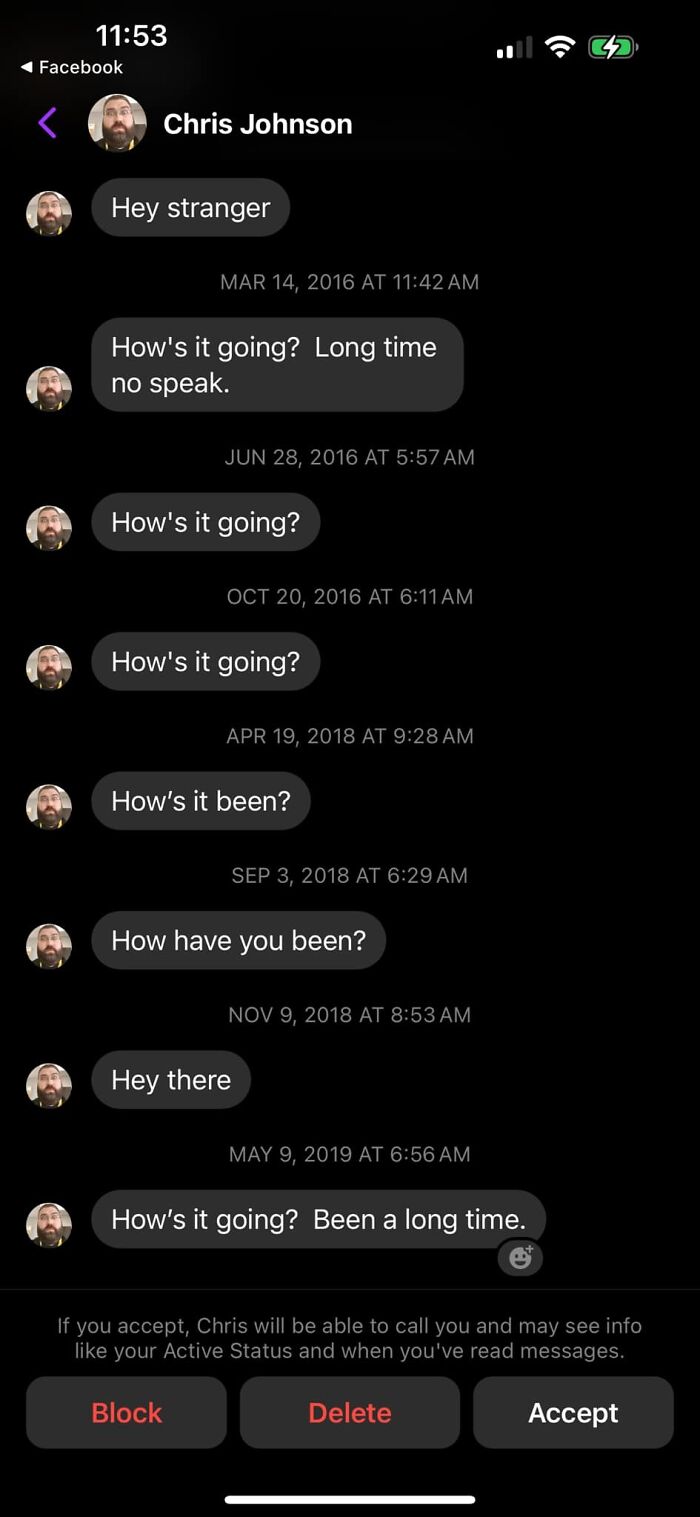 Screenshot of repetitive messages from a man on Facebook Messenger showing pathetic and cringy attempts in women's inboxes.