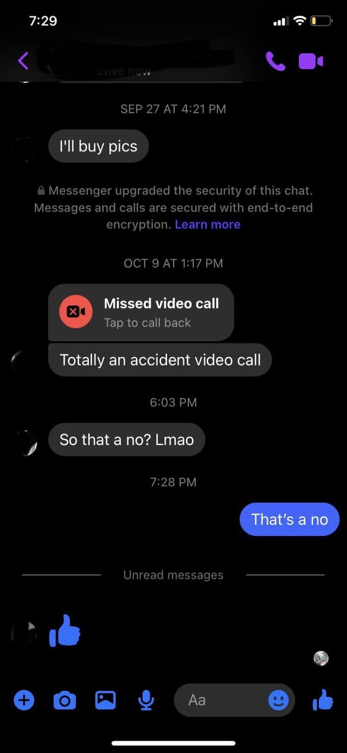Screenshot of a cringy chat with pathetic men messaging and sending missed video calls in women's inboxes.