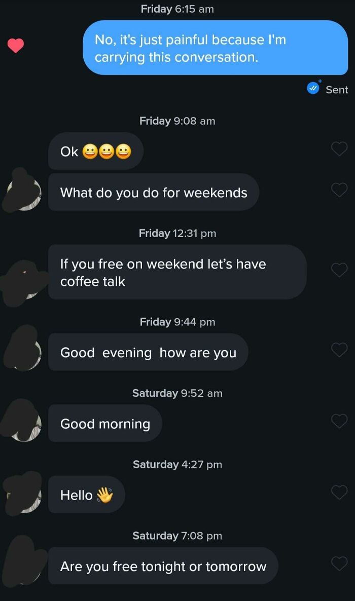 Screenshot of a cringy men’s repetitive messages in a woman’s inbox showing awkward attempts at conversation.