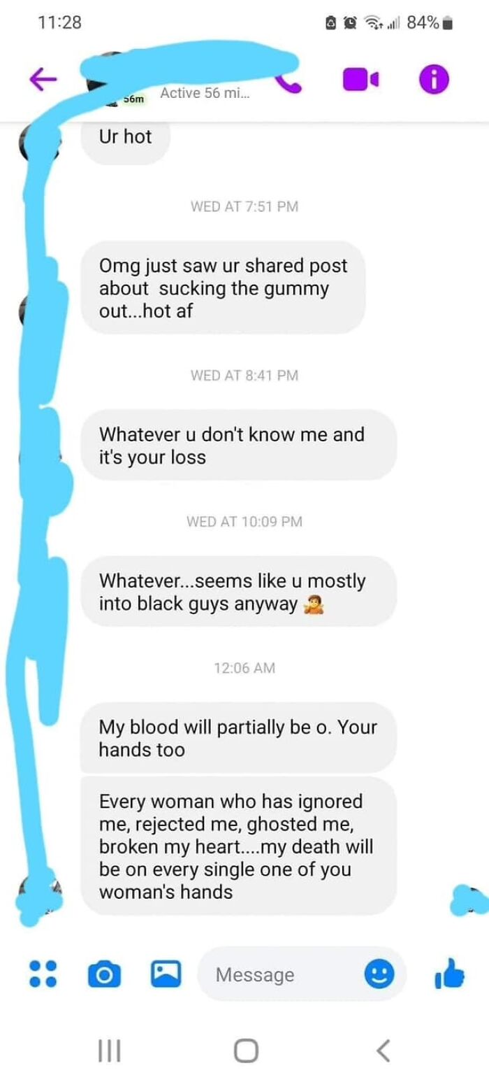Screenshot of a cringy and pathetic man messaging a woman in her inbox with awkward and emotional texts.