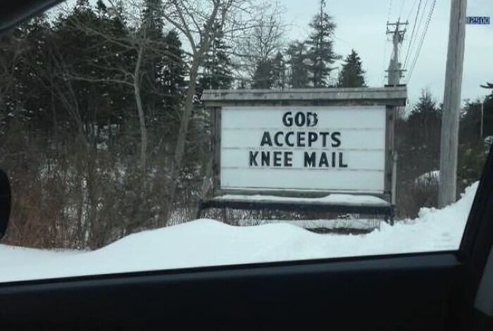 Church sign in snowy landscape displaying a humorous message about prayer with jokes and church signs.