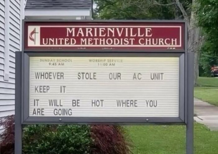 Church sign joke at Marienville United Methodist Church warning thief about hot consequences with humor in a community setting