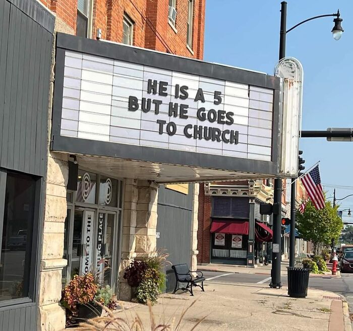 Church sign on a downtown building with a humorous message, highlighting jokes in church signs for SEO.