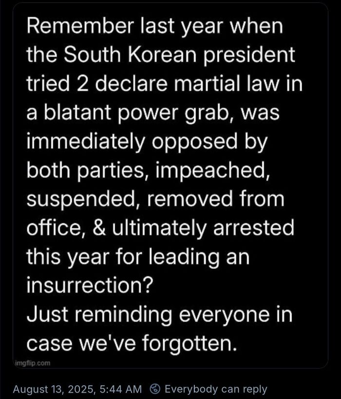 Bold tweet discussing political power grabs and impeachment, highlighting a South Korean president's actions and consequences.