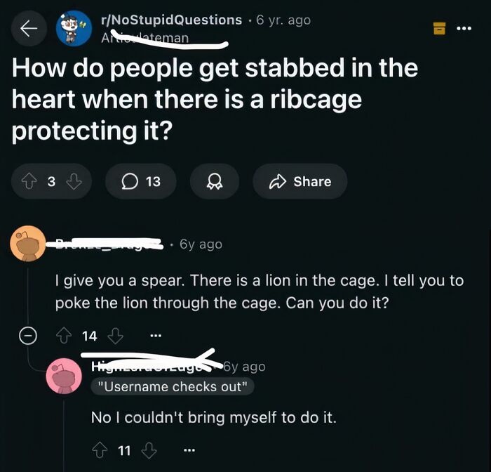 Reddit post in r/NoStupidQuestions humorously discussing how people get stabbed in the heart despite the ribcage protection, a hilarious post.