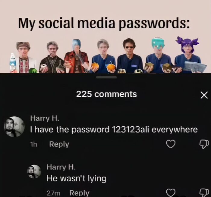 Funny social media password meme with multiple characters and humorous comments making users laugh online.