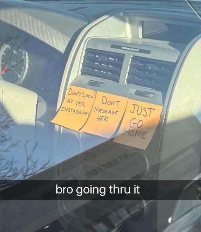 Sticky notes on a car dashboard with funny advice and a caption about going through a tough time in hilarious posts.