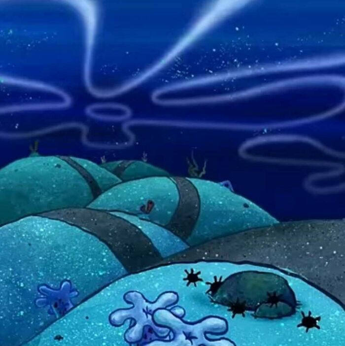 Underwater scene with glowing blue liminal spaces and coral shapes resembling creepy backrooms atmosphere at night.