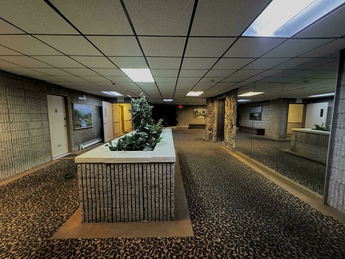 Dimly lit liminal space hallway with patterned carpet and mirrored walls resembling creepy backrooms.