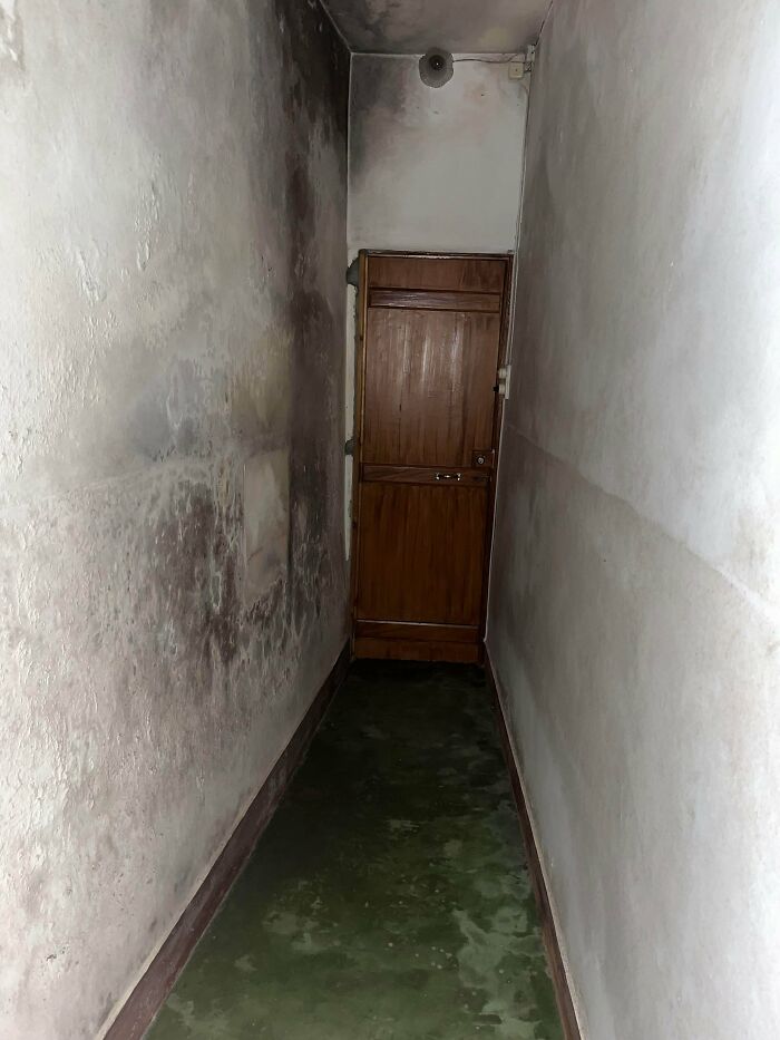 Narrow creepy liminal space with stained walls and a closed wooden door, evoking backrooms atmosphere.
