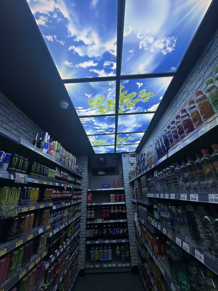 A narrow store aisle with shelves of drinks and a ceiling display of a bright blue sky with clouds and tree branches, liminal space.