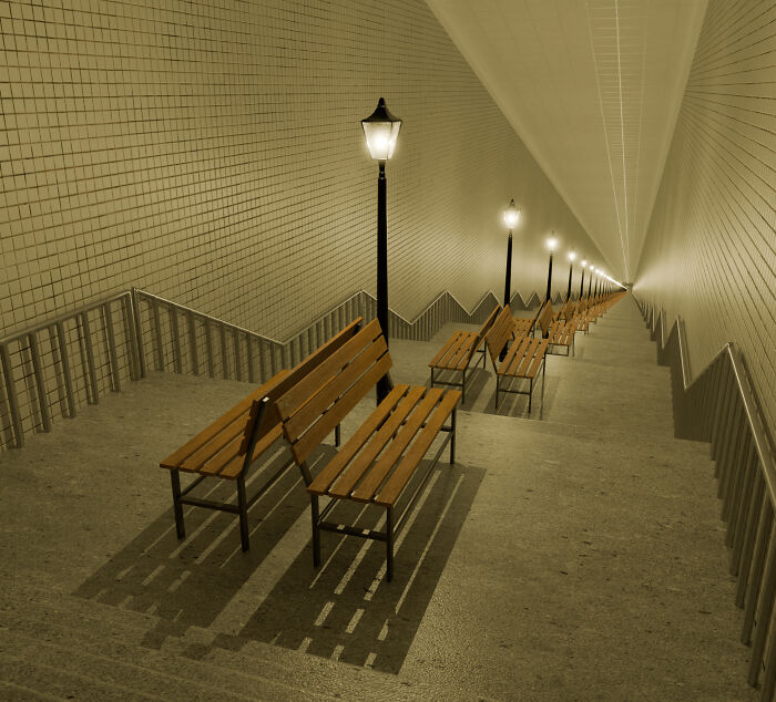 Deserted liminal space with wooden benches and glowing lamps along tiled walls, evoking eerie Backrooms atmosphere.