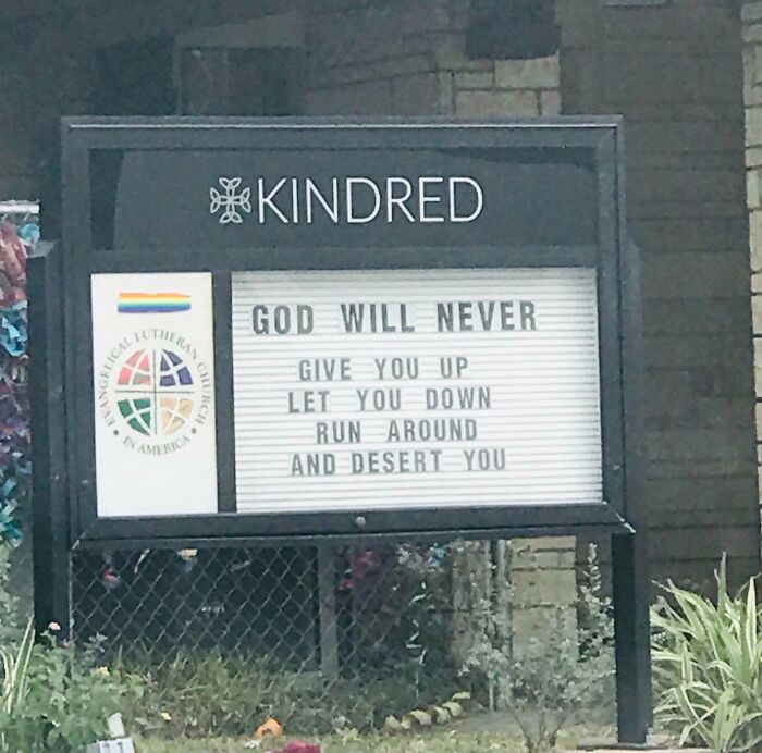 Church sign joke at Kindred Evangelical Lutheran Church humorously referencing God with a playful message for church signs SEO.