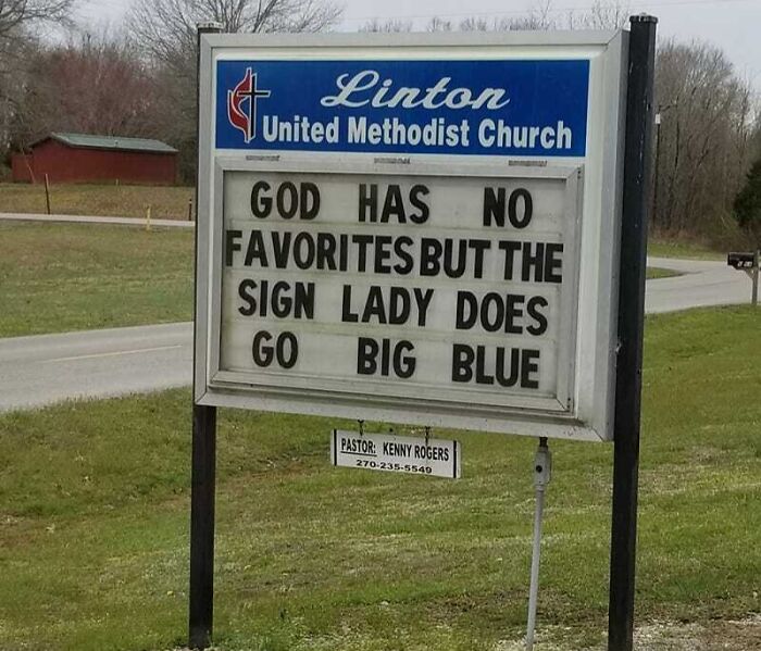 Church sign with a humorous message about favorites and a shoutout to the sign lady in a Methodist church setting.