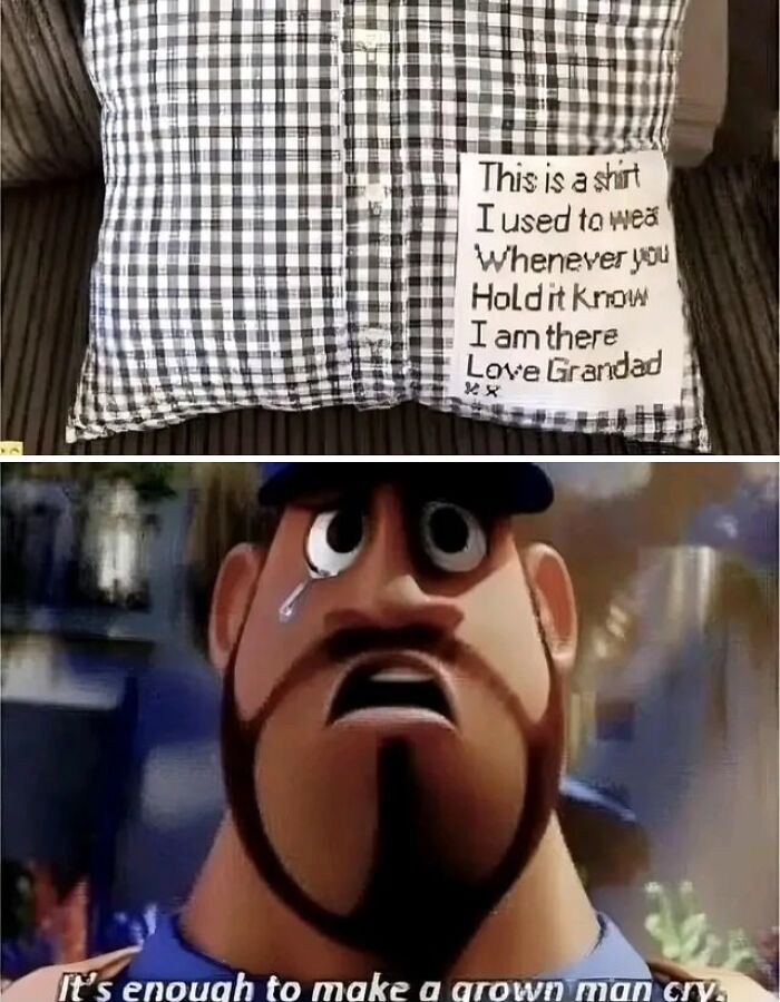 Pillow made from a shirt memory patch beside emotional animated character, sweet and wholesome pics to cleanse your feed.