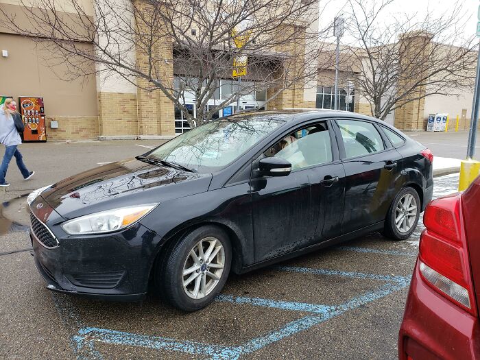 Black sedan parked improperly in a Walmart parking lot, illustrating confusing Walmart people behavior in a busy outdoor scene.