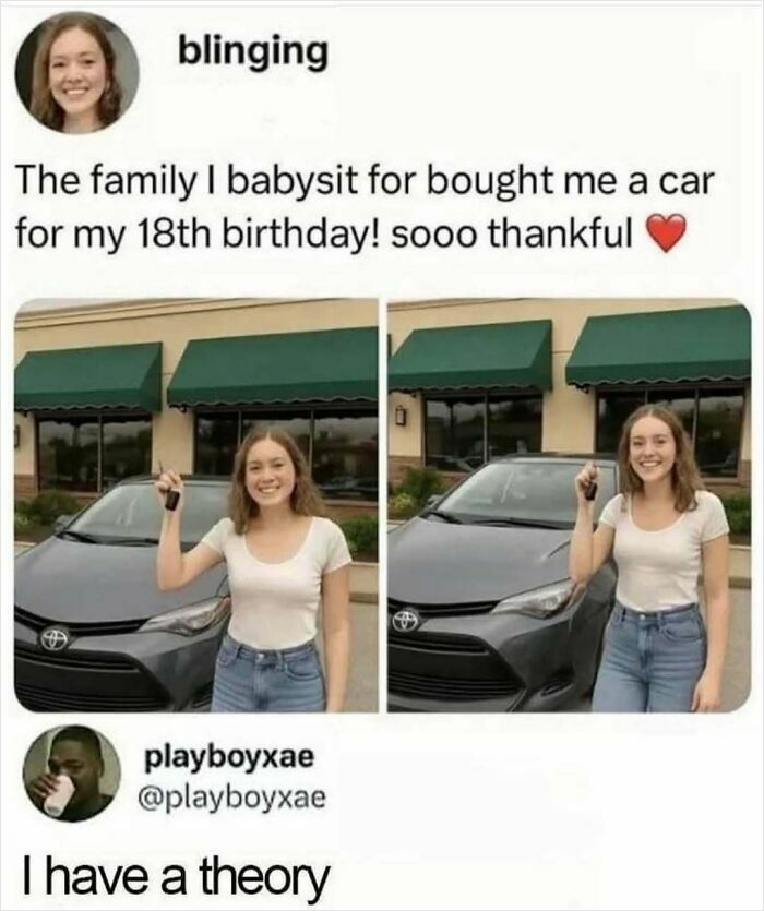 Young woman holding car keys next to a Toyota, featured in a funny Know Your Meme post about an 18th birthday gift.
