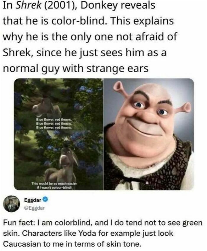 Meme explaining Donkey's color blindness in Shrek with humorous character insight from Know Your Meme collection.