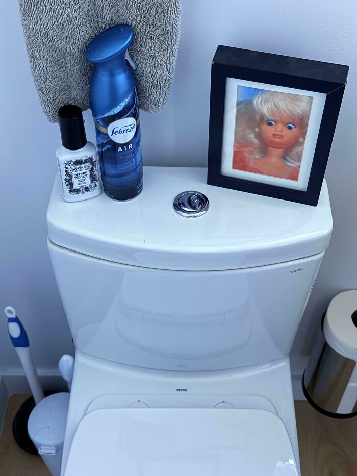 Funny pictures 2025: toilet tank topped with Febreze, framed doll photo and toiletries.