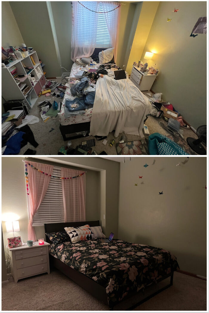 Messy bedroom before and after being cleaned, showing a satisfying room transformation with organized bedding and decor.
