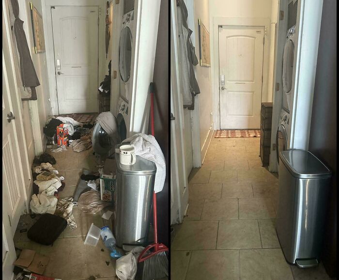 Laundry room before and after cleaning, showcasing a satisfying transformation in room tidiness and organization.