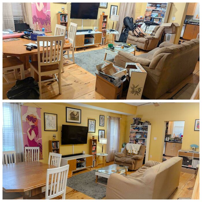 Living room before and after being cleaned showing organized space with tidy furniture and clear floor areas.