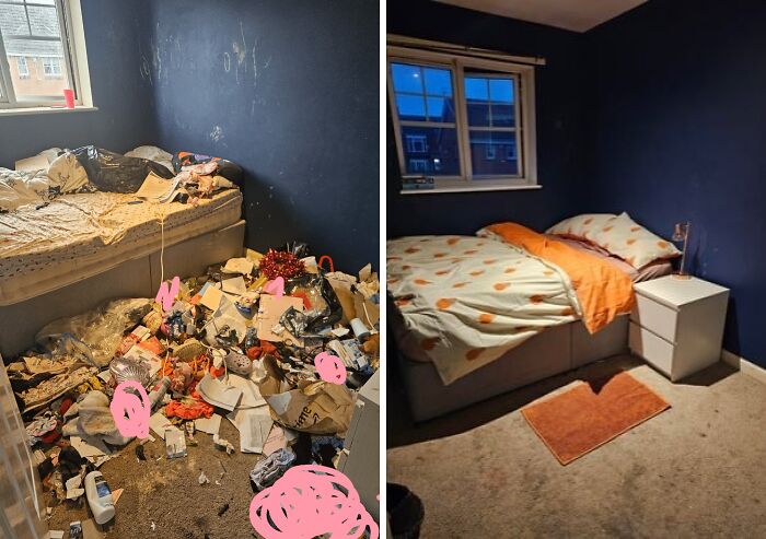 Messy bedroom filled with trash and clutter transformed into a clean and organized room in satisfying before and after cleaning pics