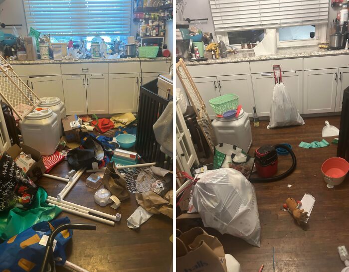 Before and after cleaning kitchen with clutter and trash cleared, highlighting satisfying room transformation and organization.