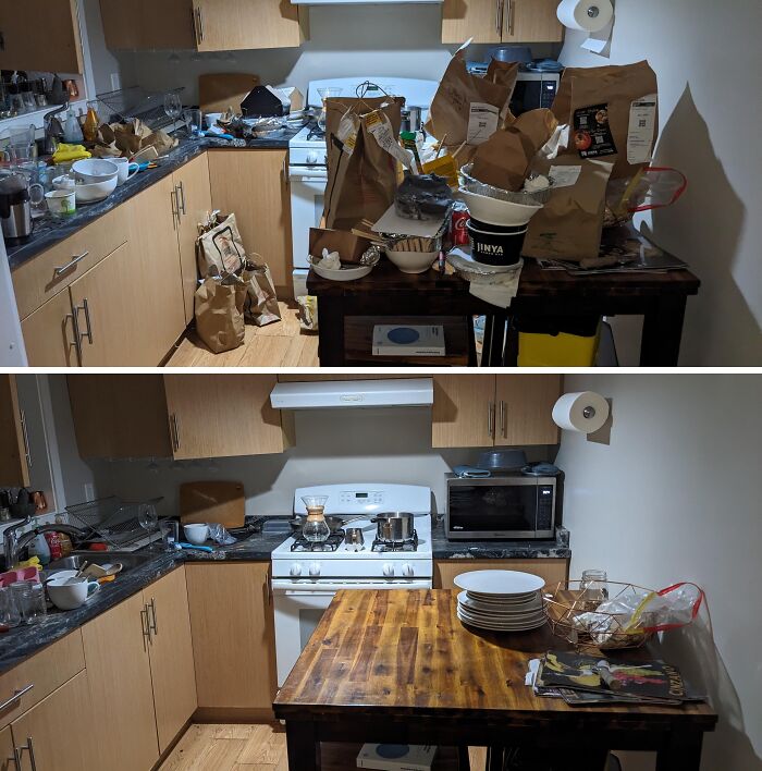 Messy kitchen before and clean kitchen after, showcasing satisfying room transformation in before and after cleaning pics
