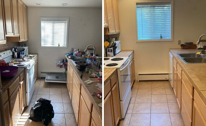 Kitchen before and after being cleaned, showing transformed cluttered countertops and spotless tiled floor in the room.