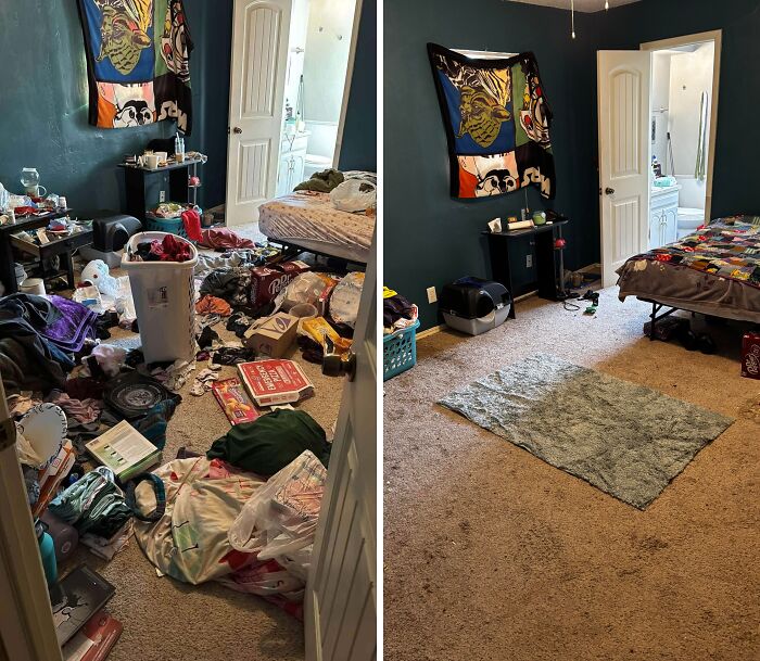 Bedroom before and after being cleaned showing a cluttered floor transformed into a tidy and organized living space.