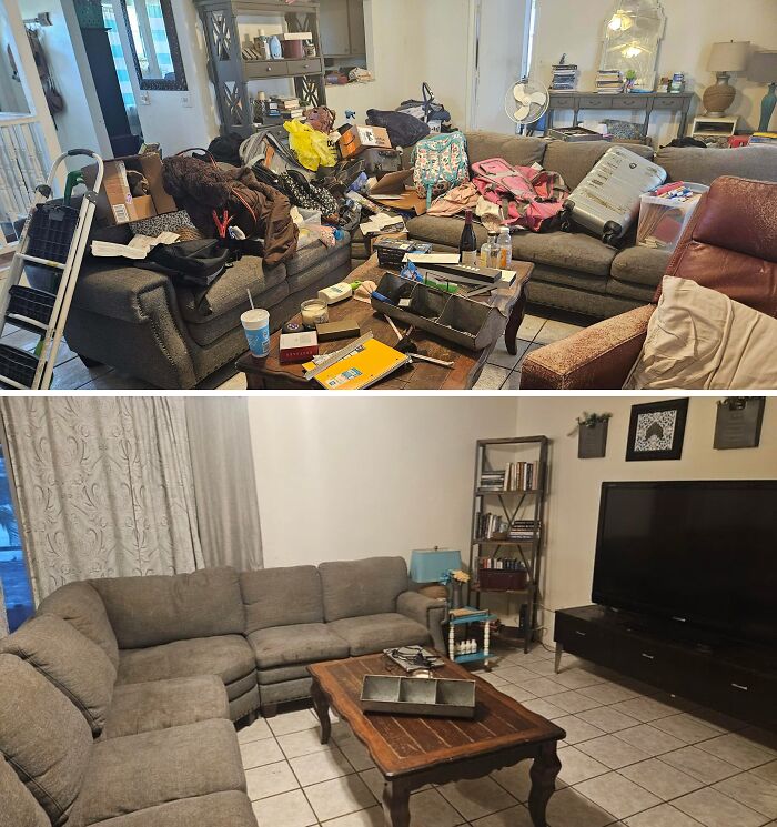 Living room before and after being cleaned, showing a cluttered space transformed into a tidy and organized area with neat furniture.
