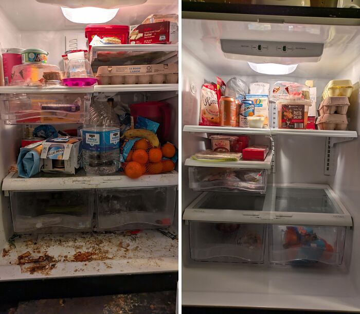 Side-by-side before and after cleaning pics of a refrigerator showcasing satisfying room organization and cleanliness.