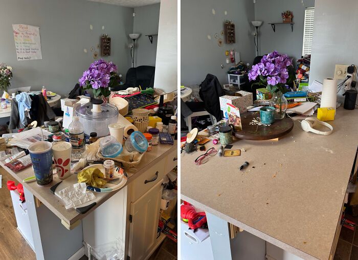 Messy kitchen counter cluttered with dishes and containers next to the same counter cleaned in satisfying room cleaning transformation.