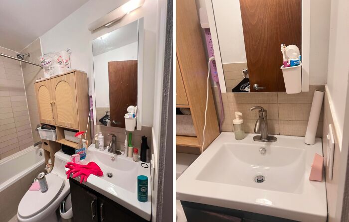 Bathroom sink and countertop before and after being cleaned, showing a satisfying transformation of the small room.