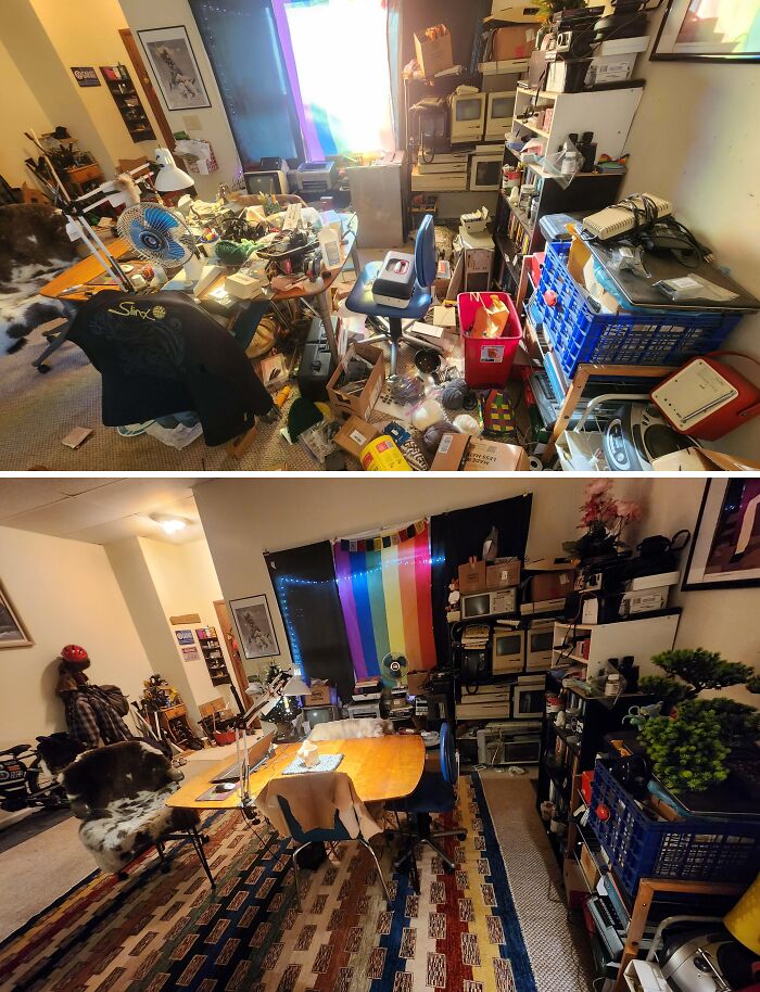 Cluttered room transformed into a clean, organized space with neat furniture and tidy shelves before and after cleaning.