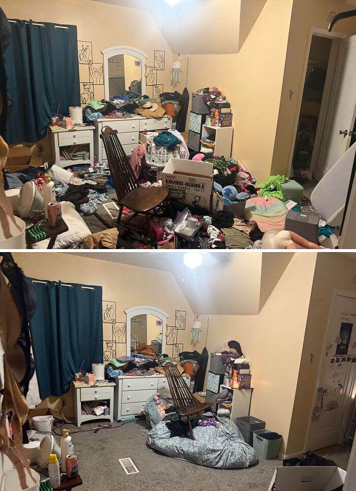 Messy bedroom with clothes and items scattered before and after cleaning, showcasing satisfying room transformation.