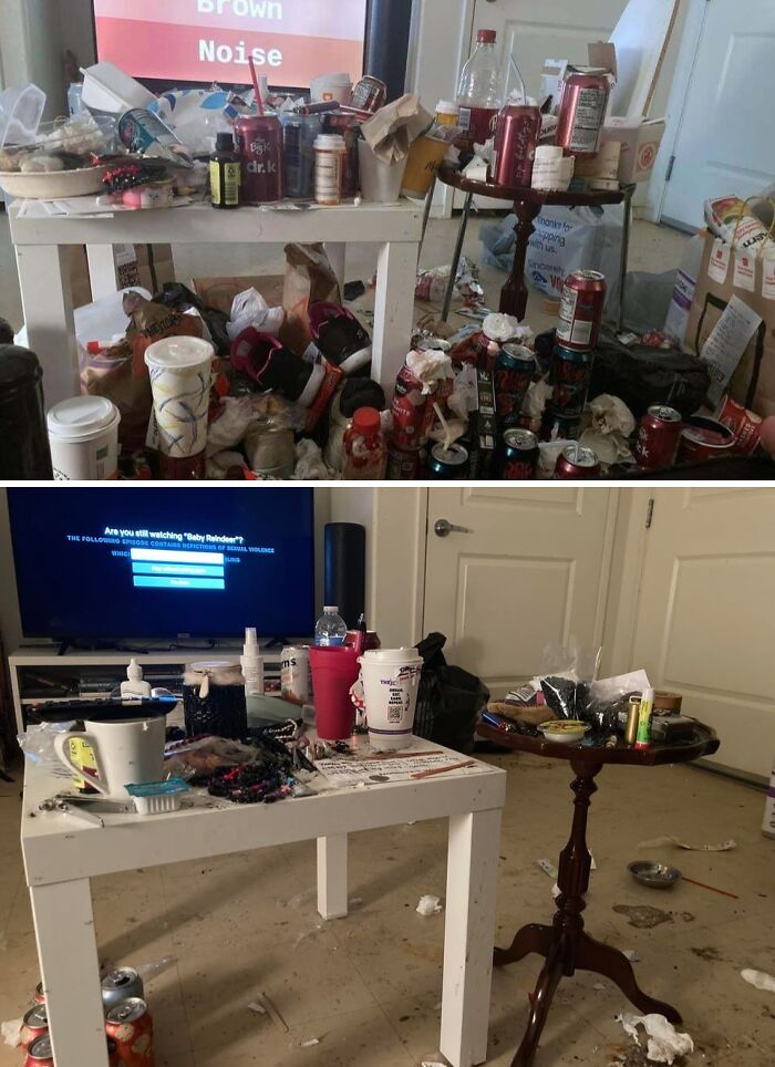 Messy living room before and after being cleaned, showing a cluttered and then tidier space with fewer items on tables and floor.