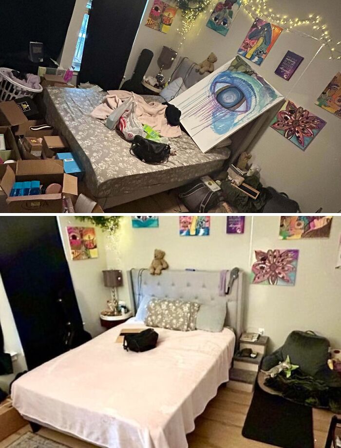 Side-by-side room before and after being cleaned, showing organized space and neatly made bed with decorations.