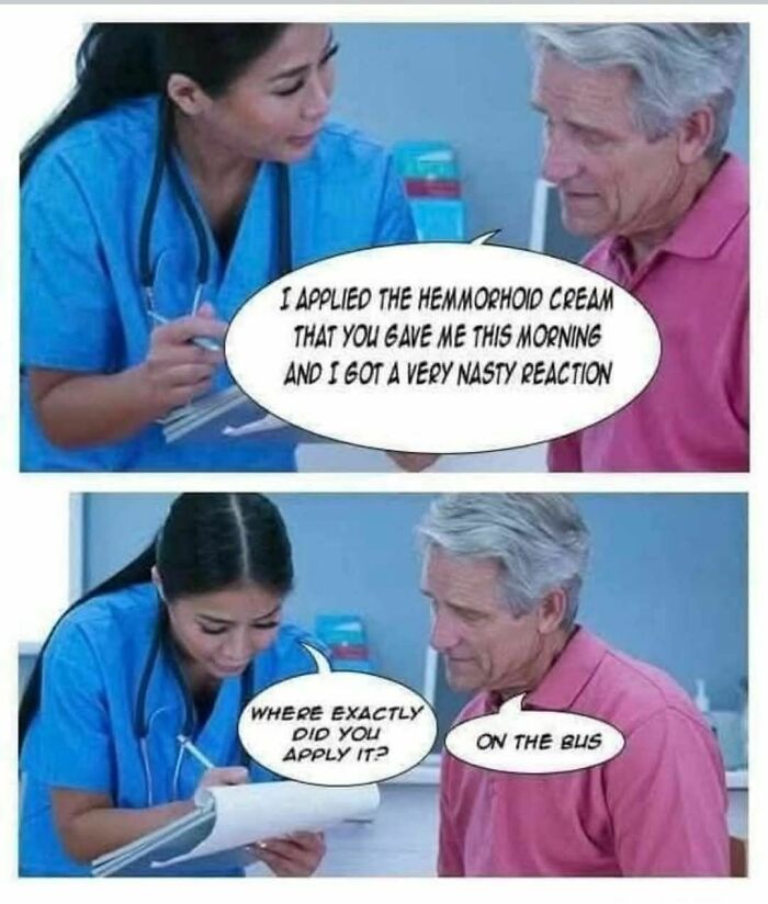 Nurse talking with an elderly man in a clinic, funny meme illustrating a humorous conversation for disassociate memes.