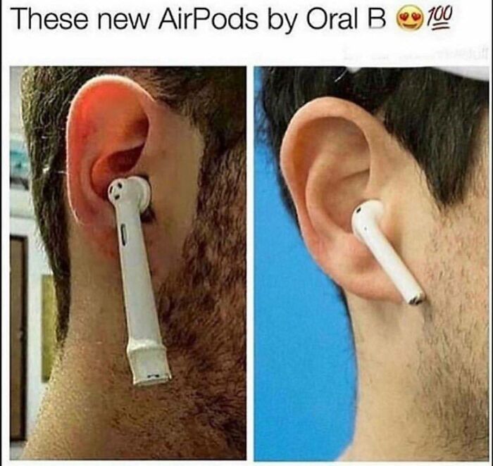 Close-up of a man wearing a broken AirPod and a normal AirPod, funny meme for disassociate in a fun way content.