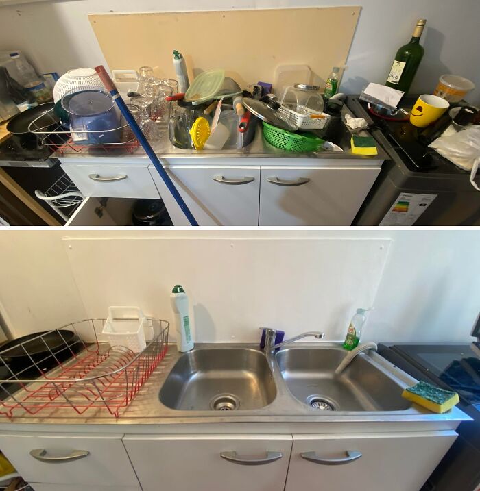 Kitchen sink before and after being cleaned with dishes removed and surfaces wiped, showing satisfying room transformation.